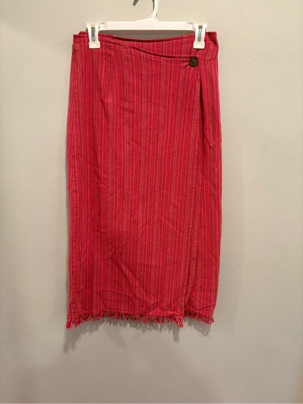 TEHAMA Coral-Red Striped Wrap Fringe Midi Skirt